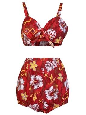 Vintage-Inspired Red Floral High-Waist Bikini Set